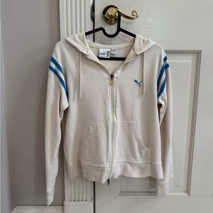 Puma Off-White Cream Full Zip Hoodie with Blue Stripes Accents and Logo